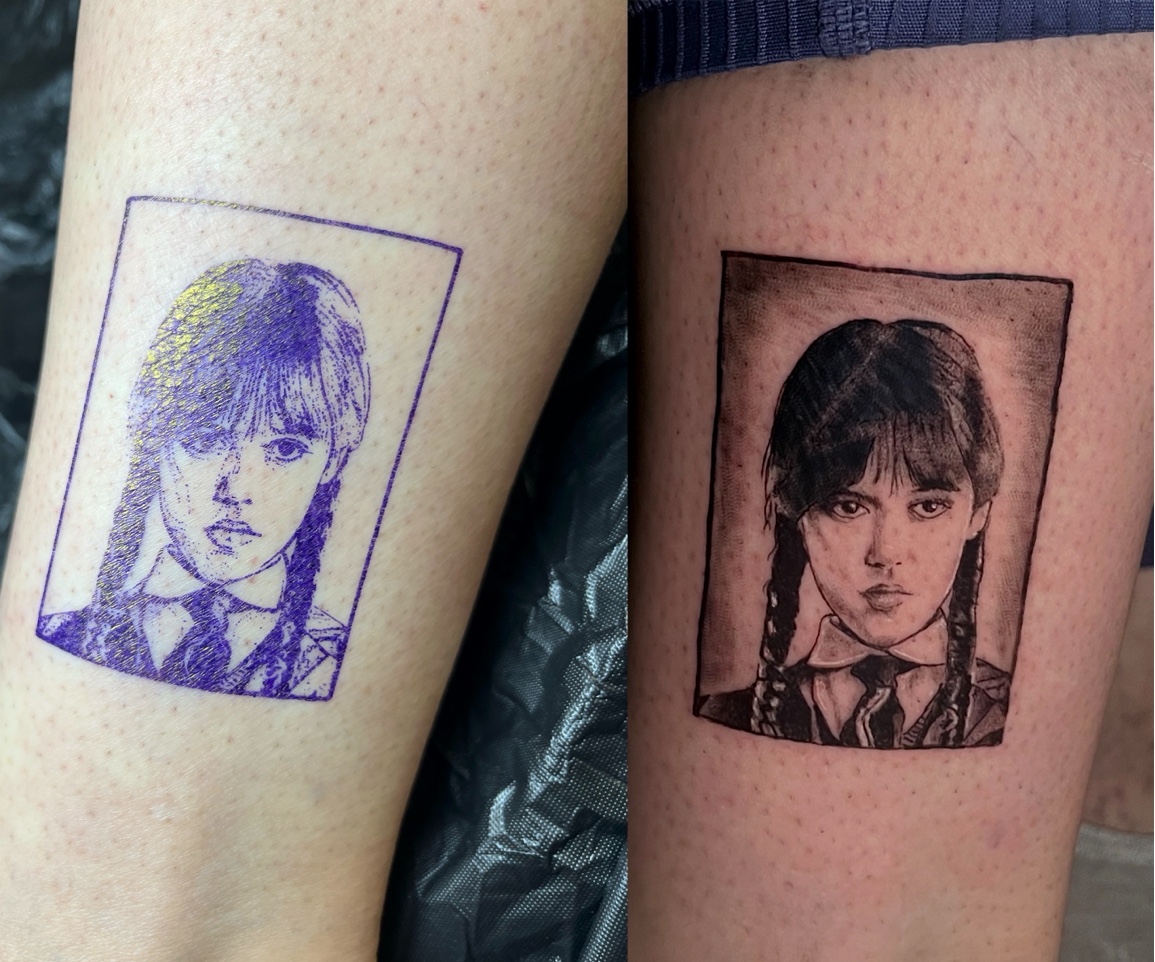 Stencil vs finished black and grey tattoo side by side